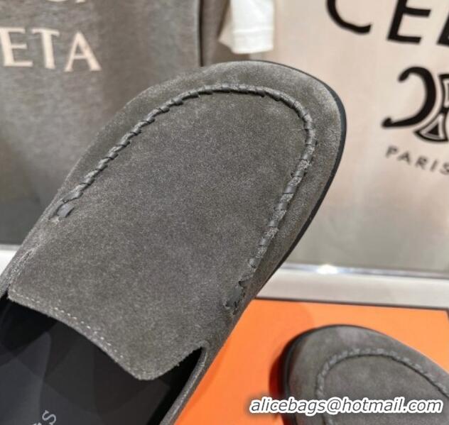 Duplicate Hermes Johan Flat Mules in Suede with Braided Leather Detail Dark Grey 1230135