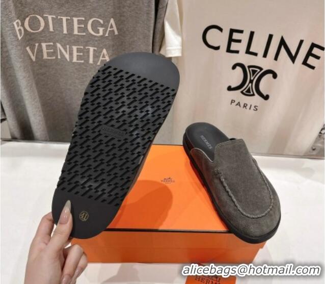 Duplicate Hermes Johan Flat Mules in Suede with Braided Leather Detail Dark Grey 1230135