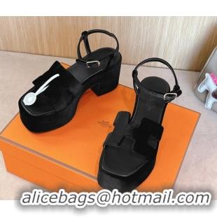 Grade Quality Hermes Jam Platform Sandals 7.5cm in Velvet Black 1230138