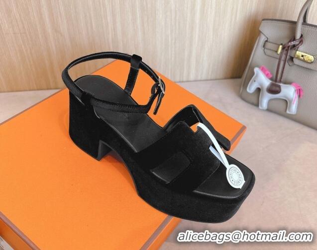 Grade Quality Hermes Jam Platform Sandals 7.5cm in Velvet Black 1230138