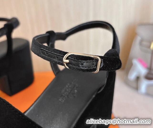 Grade Quality Hermes Jam Platform Sandals 7.5cm in Velvet Black 1230138