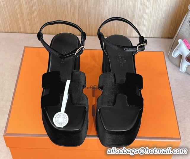 Grade Quality Hermes Jam Platform Sandals 7.5cm in Velvet Black 1230138