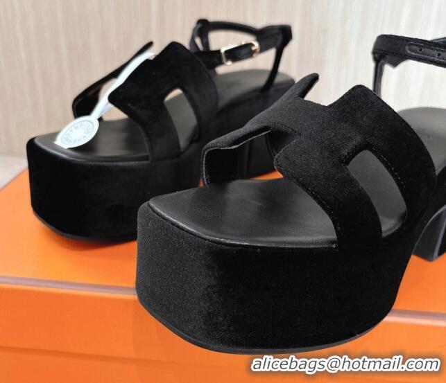 Grade Quality Hermes Jam Platform Sandals 7.5cm in Velvet Black 1230138