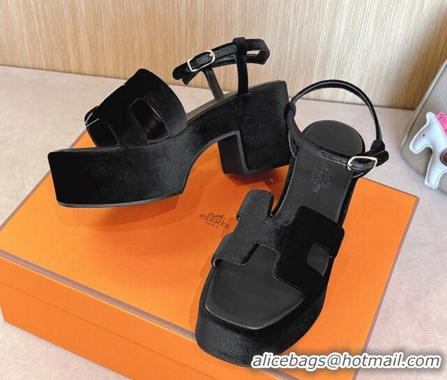 Grade Quality Hermes Jam Platform Sandals 7.5cm in Velvet Black 1230138