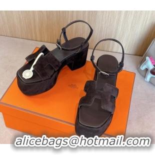 Hot Style Hermes Jam Platform Sandals 7.5cm in Suede Dark Brown 1230139