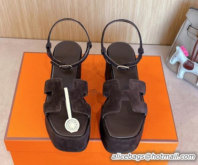 Hot Style Hermes Jam Platform Sandals 7.5cm in Suede Dark Brown 1230139