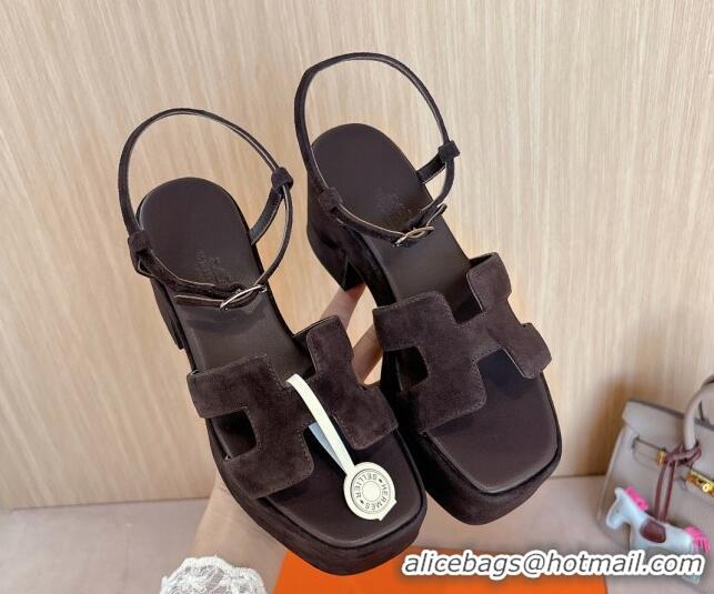 Hot Style Hermes Jam Platform Sandals 7.5cm in Suede Dark Brown 1230139