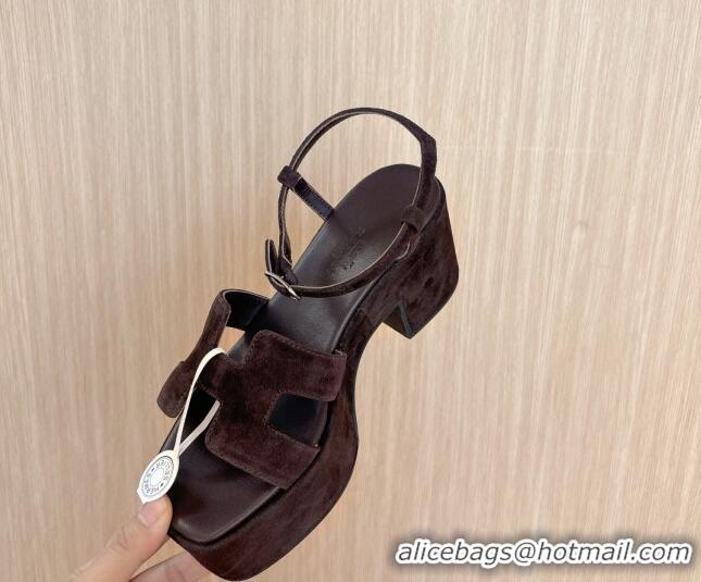 Hot Style Hermes Jam Platform Sandals 7.5cm in Suede Dark Brown 1230139