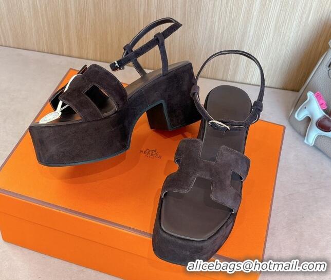 Hot Style Hermes Jam Platform Sandals 7.5cm in Suede Dark Brown 1230139