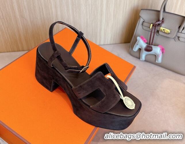 Hot Style Hermes Jam Platform Sandals 7.5cm in Suede Dark Brown 1230139