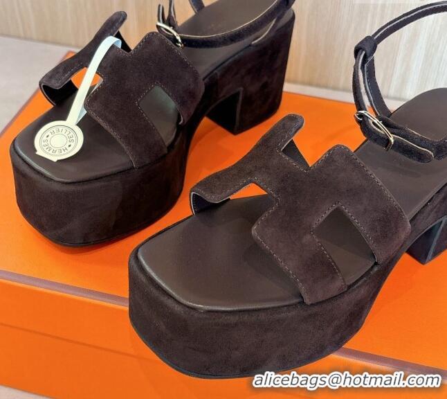 Hot Style Hermes Jam Platform Sandals 7.5cm in Suede Dark Brown 1230139