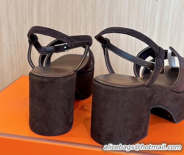 Hot Style Hermes Jam Platform Sandals 7.5cm in Suede Dark Brown 1230139