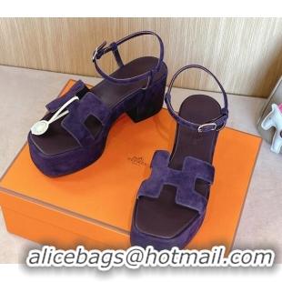 Good Quality Hermes Jam Platform Sandals 7.5cm in Suede Purple 1230140