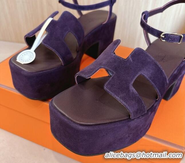 Good Quality Hermes Jam Platform Sandals 7.5cm in Suede Purple 1230140