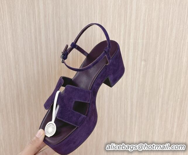 Good Quality Hermes Jam Platform Sandals 7.5cm in Suede Purple 1230140