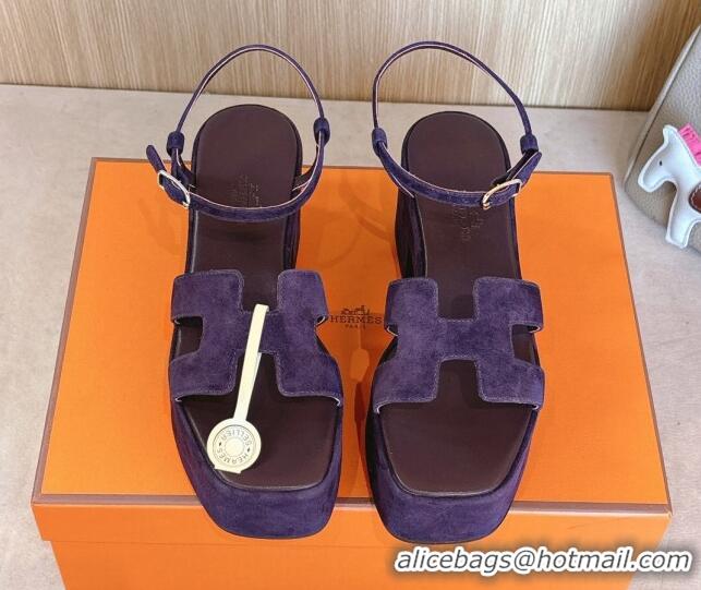 Good Quality Hermes Jam Platform Sandals 7.5cm in Suede Purple 1230140