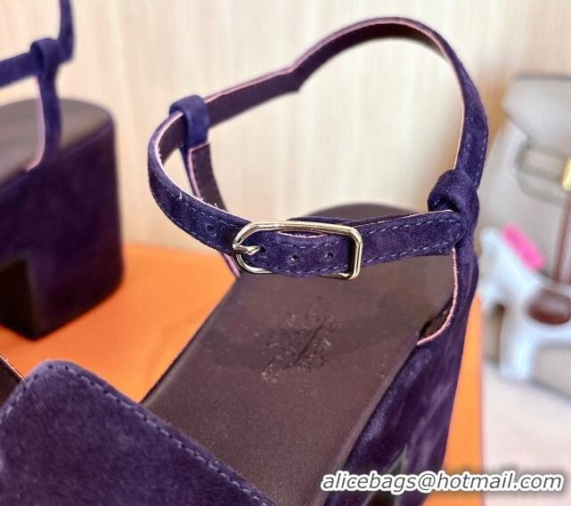 Good Quality Hermes Jam Platform Sandals 7.5cm in Suede Purple 1230140