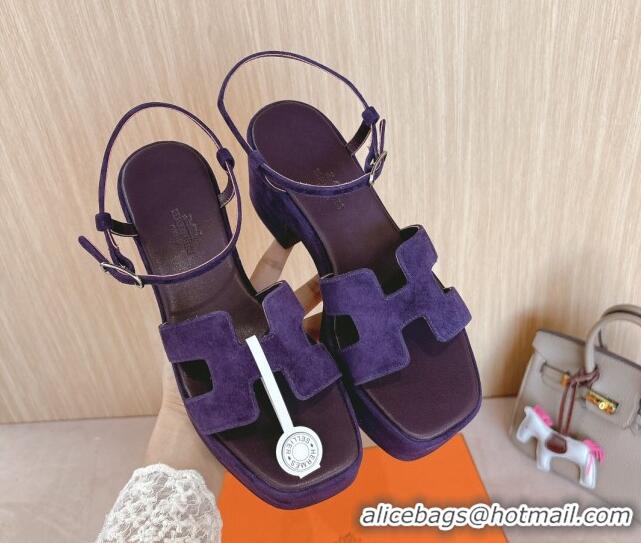 Good Quality Hermes Jam Platform Sandals 7.5cm in Suede Purple 1230140