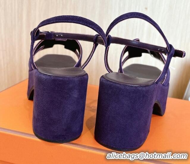 Good Quality Hermes Jam Platform Sandals 7.5cm in Suede Purple 1230140