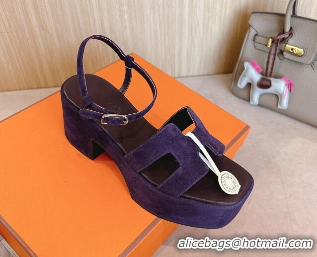 Good Quality Hermes Jam Platform Sandals 7.5cm in Suede Purple 1230140