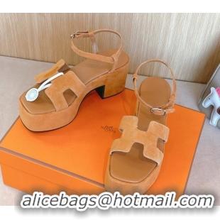 Shop Cheap Hermes Jam Platform Sandals 7.5cm in Suede Apricot 1230141