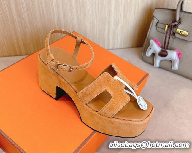 Shop Cheap Hermes Jam Platform Sandals 7.5cm in Suede Apricot 1230141