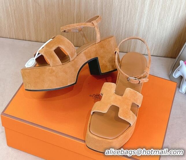 Shop Cheap Hermes Jam Platform Sandals 7.5cm in Suede Apricot 1230141