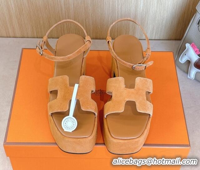 Shop Cheap Hermes Jam Platform Sandals 7.5cm in Suede Apricot 1230141