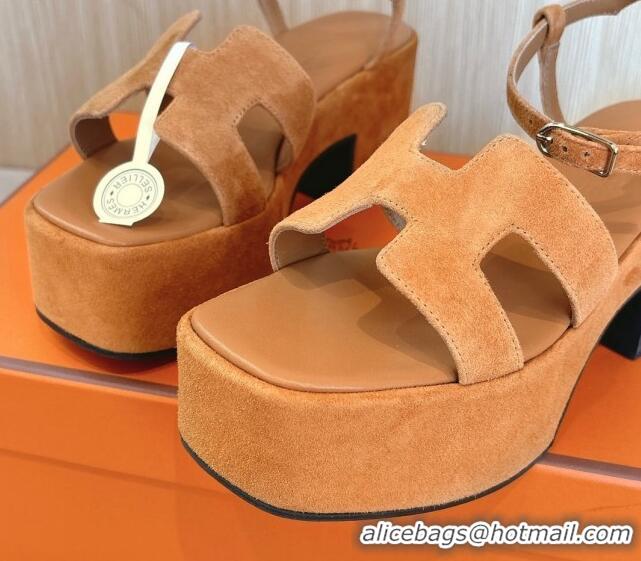 Shop Cheap Hermes Jam Platform Sandals 7.5cm in Suede Apricot 1230141