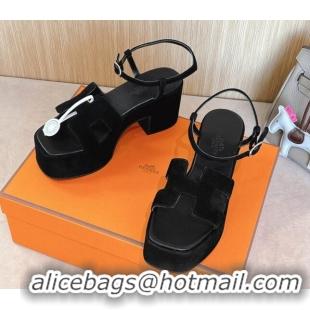 Grade Quality Hermes Jam Platform Sandals 7.5cm in Suede Black 1230142