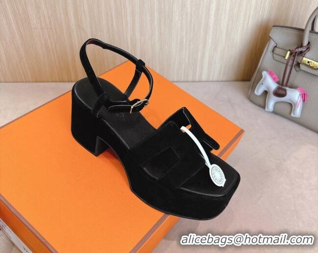 Grade Quality Hermes Jam Platform Sandals 7.5cm in Suede Black 1230142