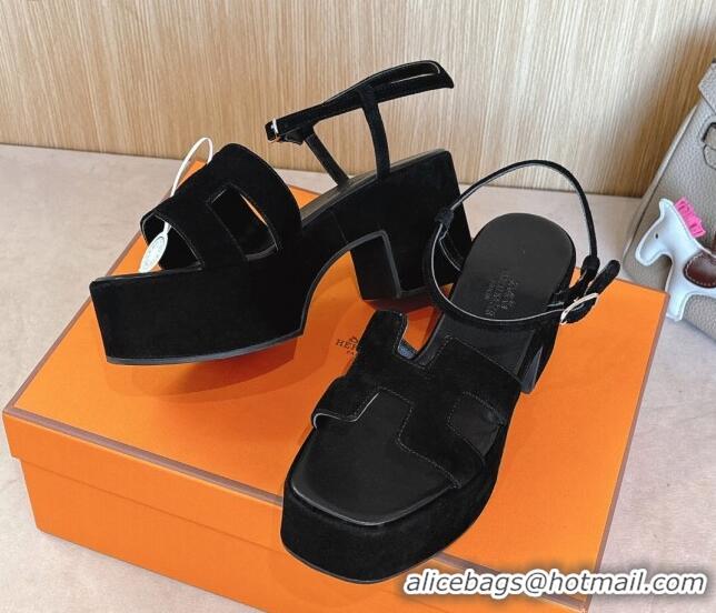 Grade Quality Hermes Jam Platform Sandals 7.5cm in Suede Black 1230142