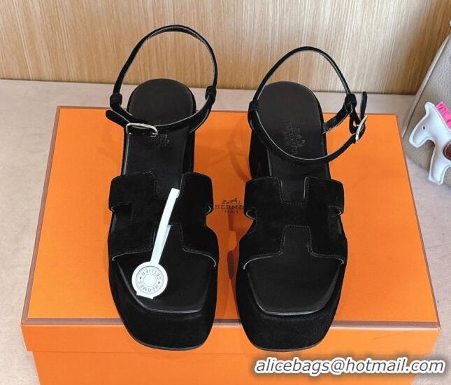 Grade Quality Hermes Jam Platform Sandals 7.5cm in Suede Black 1230142