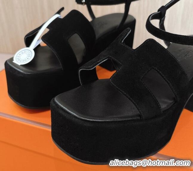 Grade Quality Hermes Jam Platform Sandals 7.5cm in Suede Black 1230142