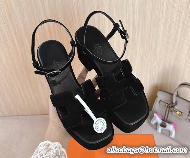 Grade Quality Hermes Jam Platform Sandals 7.5cm in Suede Black 1230142