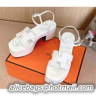 Good Quality Hermes Jam Platform Sandals 7.5cm in Grained Leather Snow White 1230143