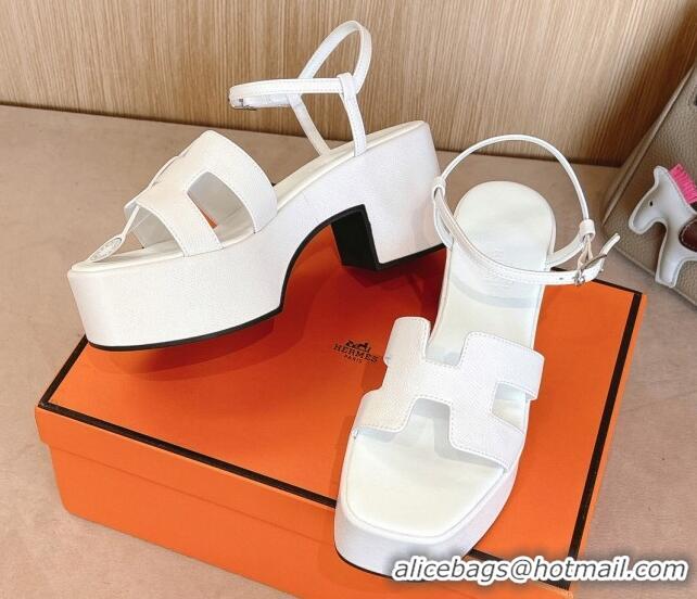 Good Quality Hermes Jam Platform Sandals 7.5cm in Grained Leather Snow White 1230143