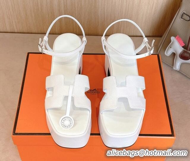 Good Quality Hermes Jam Platform Sandals 7.5cm in Grained Leather Snow White 1230143