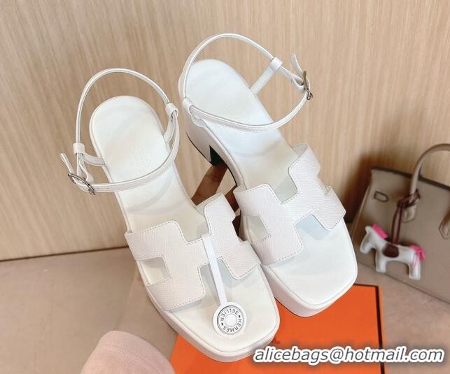 Good Quality Hermes Jam Platform Sandals 7.5cm in Grained Leather Snow White 1230143