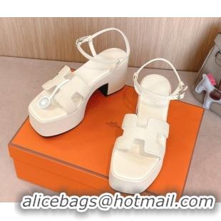 Popular Style Hermes Jam Platform Sandals 7.5cm in Grained Leather Ivory White 1230144