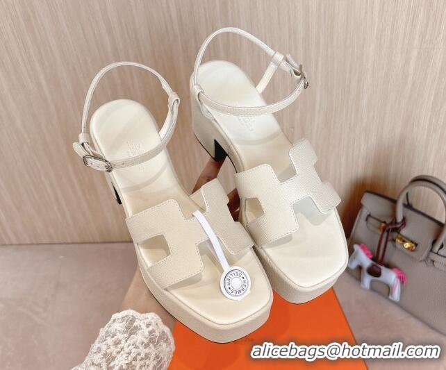 Popular Style Hermes Jam Platform Sandals 7.5cm in Grained Leather Ivory White 1230144