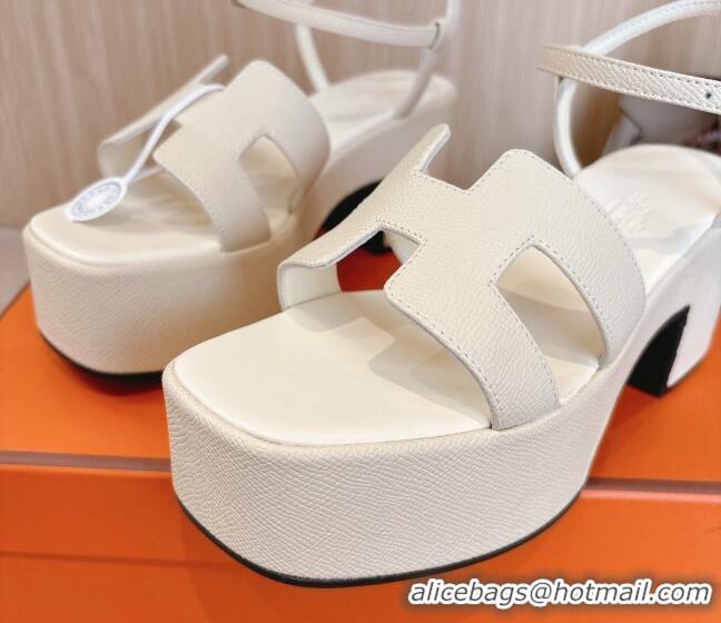 Popular Style Hermes Jam Platform Sandals 7.5cm in Grained Leather Ivory White 1230144