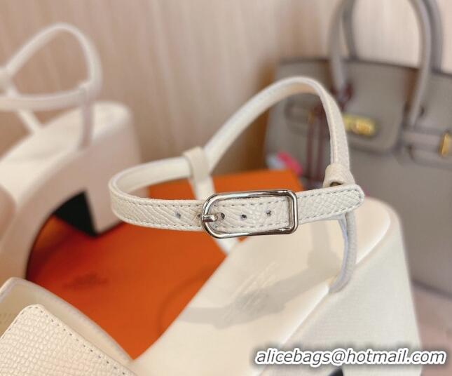 Popular Style Hermes Jam Platform Sandals 7.5cm in Grained Leather Ivory White 1230144