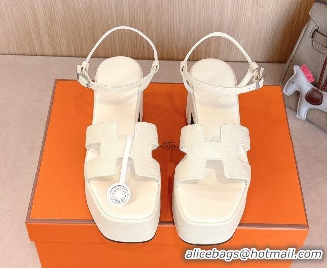 Popular Style Hermes Jam Platform Sandals 7.5cm in Grained Leather Ivory White 1230144