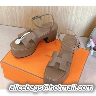 Good Product Hermes Jam Platform Sandals 7.5cm in Grained Leather Grey 1230145