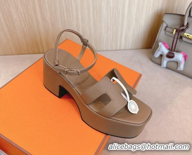 Good Product Hermes Jam Platform Sandals 7.5cm in Grained Leather Grey 1230145