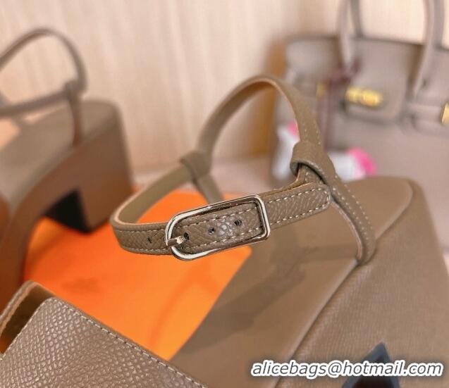 Good Product Hermes Jam Platform Sandals 7.5cm in Grained Leather Grey 1230145