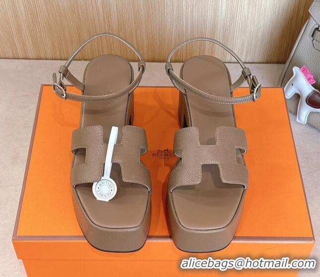 Good Product Hermes Jam Platform Sandals 7.5cm in Grained Leather Grey 1230145