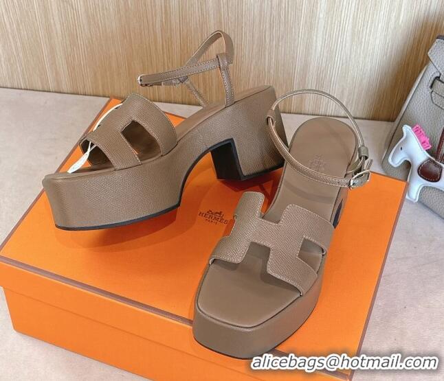 Good Product Hermes Jam Platform Sandals 7.5cm in Grained Leather Grey 1230145