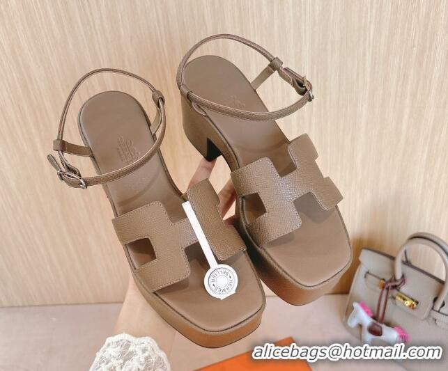 Good Product Hermes Jam Platform Sandals 7.5cm in Grained Leather Grey 1230145